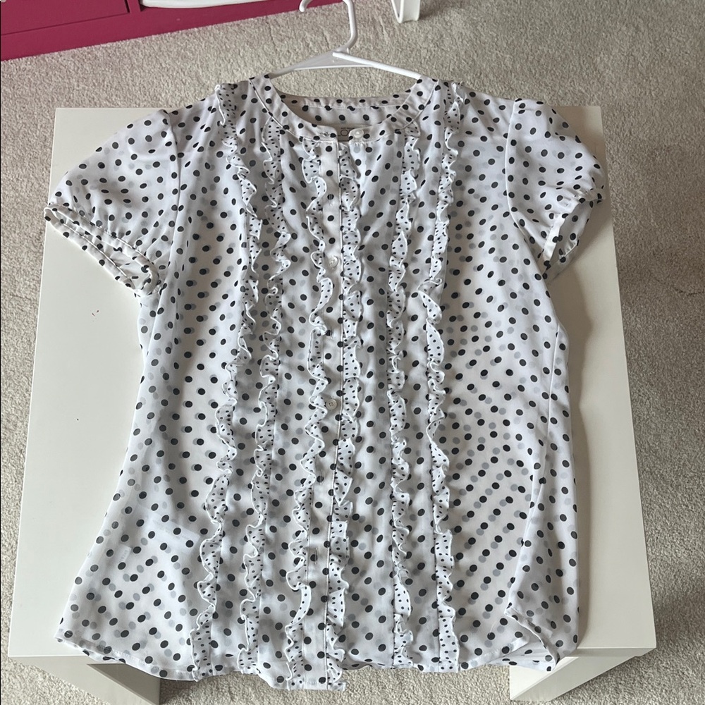 Polka Dot Ruffle Blouse - Black and White